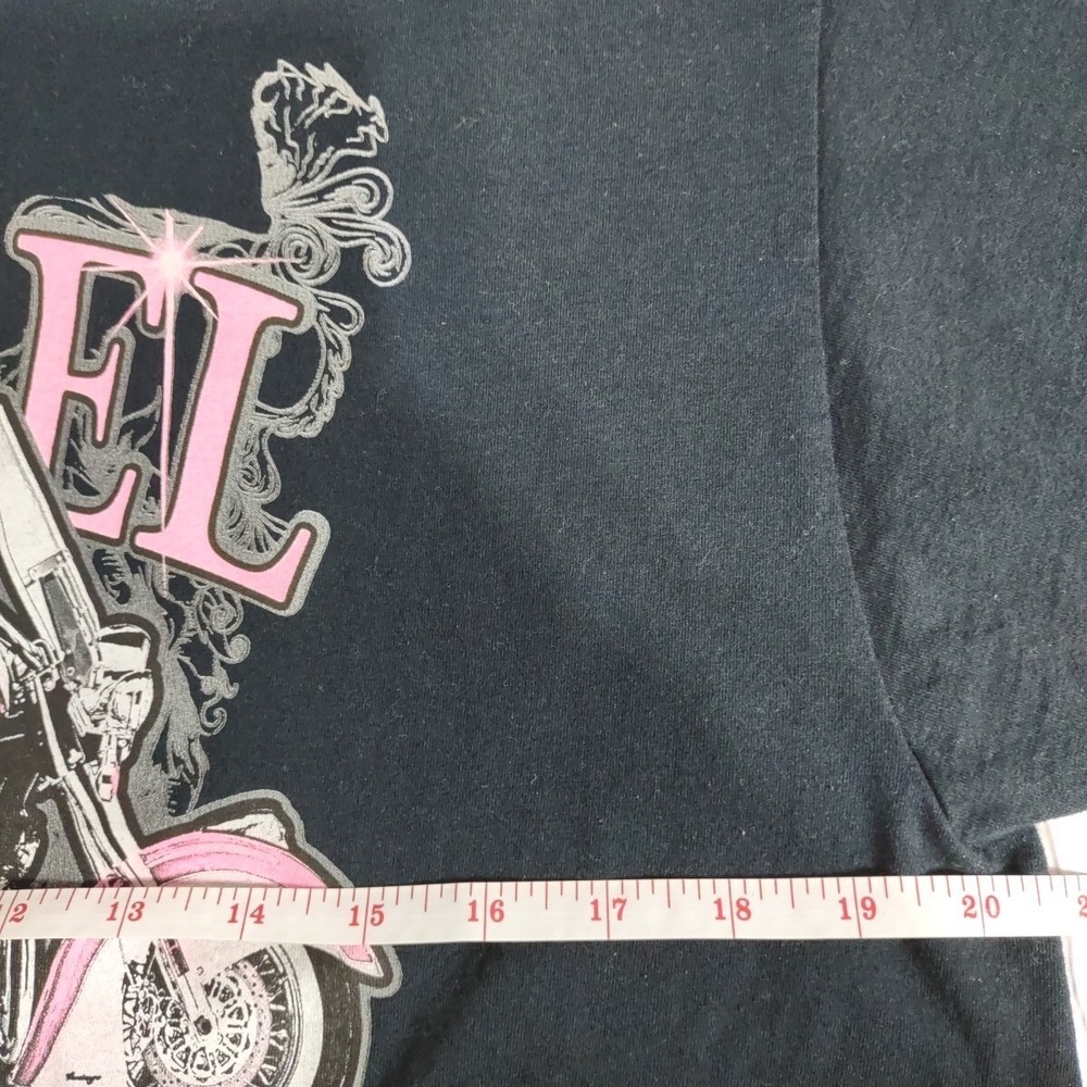 Ladies Biker Black Tee Shirt with Pink Motorcycle Rose Word Angel Size Large - Picture 4 of 4